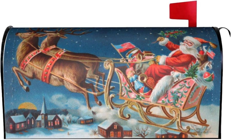 FATTTYCY Santa Claus Reindeer Sleigh Flying Mailbox Covers Magnetic Standard Size 18" X 21" Christmas Mailbox Cover Decorations Wrap - Image 1